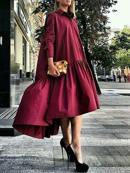 

Solid Elegant A-line Shirt Collar Dress, Wine red, Midi Dresses