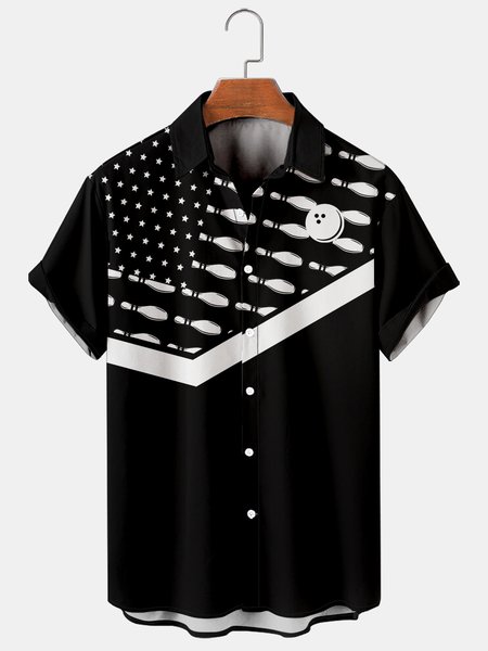 

Holiday Leisure Retro Bowling Element Alphabet Pattern Hawaiian Style Printed Shirt Top, Black, Shirts ＆ Blouse