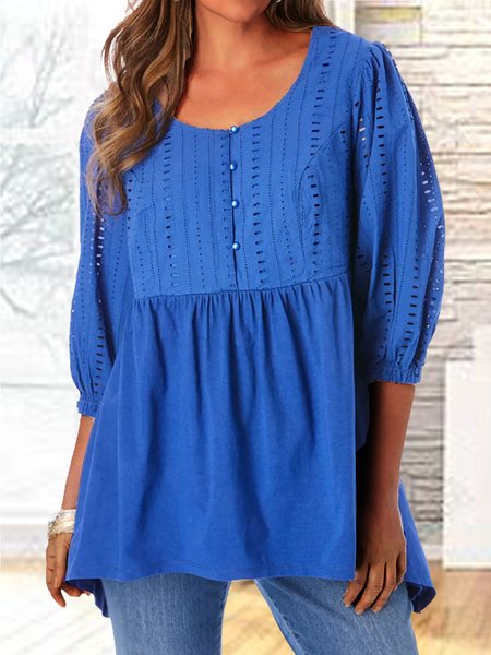 

Cotton Blends Hollow stitching buckle Half Sleeve Tops, Blue, Tops
