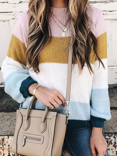 

Casual Striped Crew Neck Loosen Long Sleeve Sweater, Multicolor, Knitwear & Sweaters