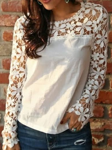 

Perspective floral lace stitching simple top Plain Loosen Shirts & Tops, White, Tops