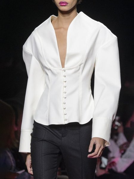 

V neck Regular Fit Plain Off Shoulder Shirt, White, Blouses and Shirts