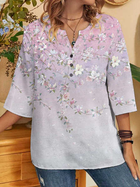 

Casual Floral Print Three-quarter Sleeve Shirt, Multicolor, Tops