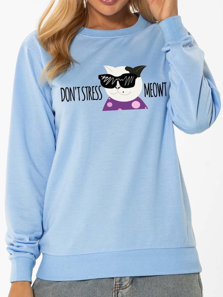 

Unocis Mr. White Don't Stress Meowt Fun Print Round Neck Sweatshirt, Blue, Sweatshirts