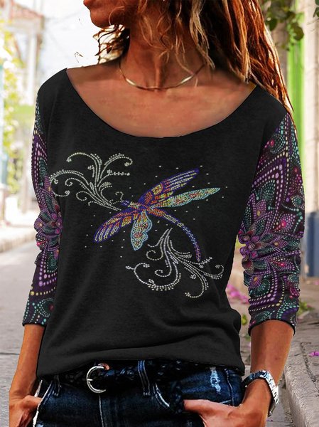 

Ethnic dragonfly print round neck long-sleeved shirt, Black, Long sleeves