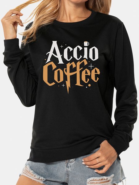 

Unocis Accio Coffee Funny Print Round Neck Sweatshirt, Black, Sweatshirts