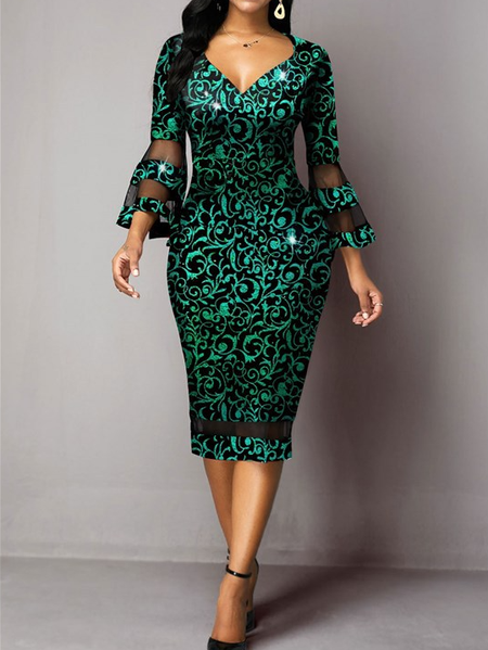 

Paisley Skinny V Neck Weaving Dress, Green, Midi Dresses
