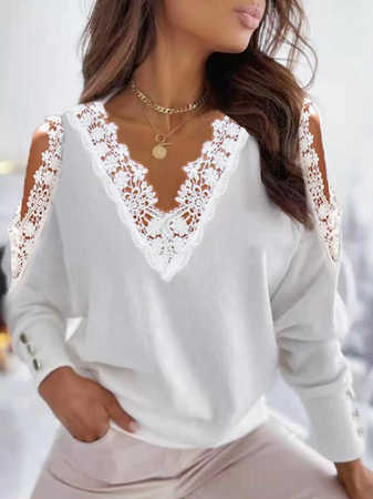 

Women Fashion Lace Cotton Blends Casual Plain Shirts & Tops, White, Tops