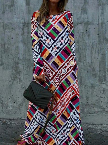 

Long Sleeve Geometric Printed Crew Neck Plus Size Casual Dresses, Multicolor, Maxi Dresses