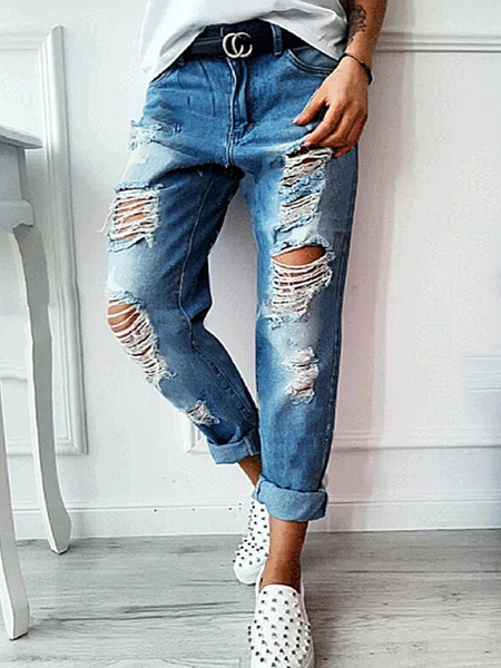 

Solid Denim Cropped Casual Vacation Plus Size Pocket Ripped Denim & Jeans, Blue, Jeans