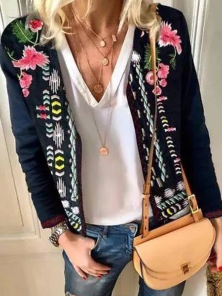 

Casual Long sleeve Floral Outerwear, Black, Coats & Jackets