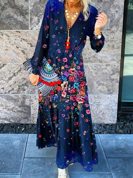 

Long Sleeve Floral V Neck Casual Dresses, Blue, Maxi Dresses