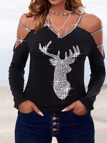 

Elegant V Neck Color Block Shirts & Tops, Black, Tops