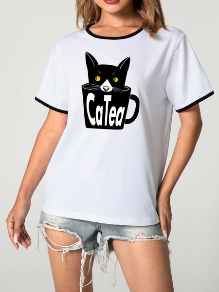 

Unocis Mr. Black Catea Funny Round Neck Short Sleeve Ringer Tee, T-shirts