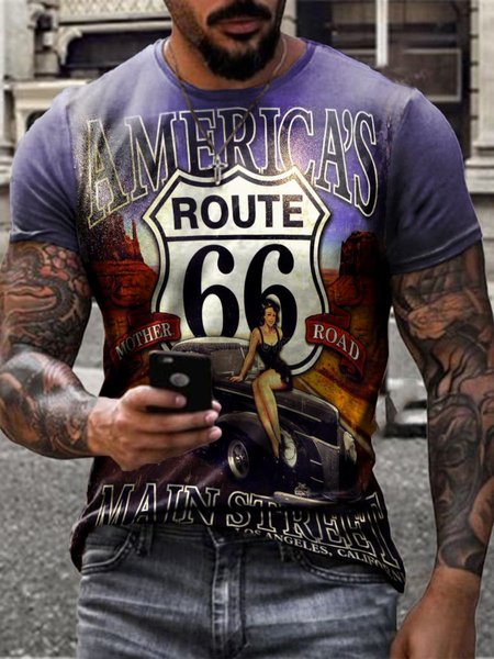 

Men's Route 66 Cultural Graphic Print Round Neck Short Sleeve Tee, Blue, T-shirt