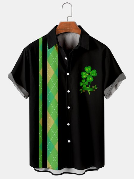 

Four Leaf Clover Graphic Short Sleeve Casual Men's Shirt, As picture, Men's Floral shirt