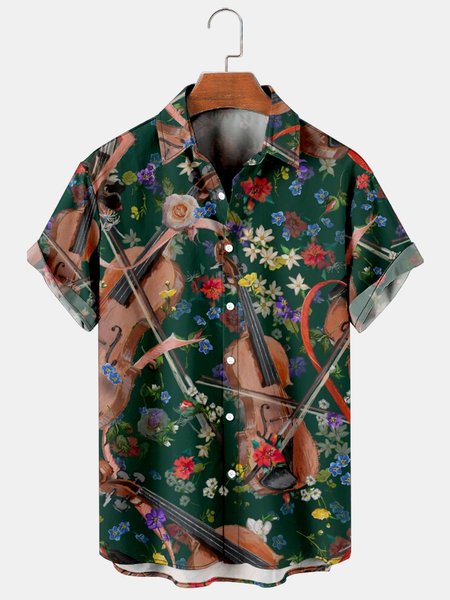 

Mens Music Print Casual Breathable Hawaiian Short Sleeve Shirt, Dark green, Men's Floral shirt