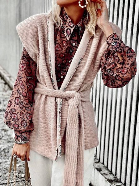 

Casual Plain Sleeveless Sweater with Belt, Apricot, Outerwear