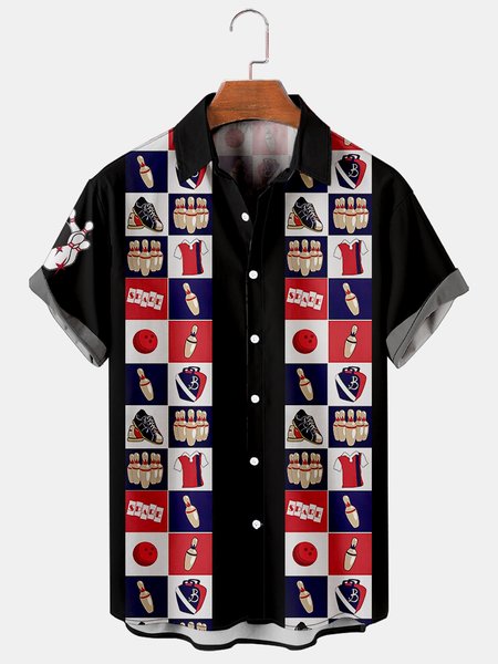 

Holiday Leisure Retro Bowling Element Alphabet Pattern Hawaiian Style Printed Shirt Top, As picture, Men's Floral shirt