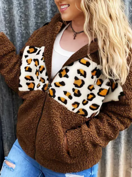 

Leopard print stitching plush warm hooded jacket Hooded Outerwear, Brown, Coats