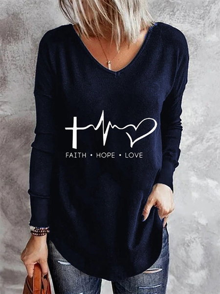 

Maniche Lunghe Lettera Scollo a V Casuale Camicie & Top, Blu marino, Blouses & Shirts