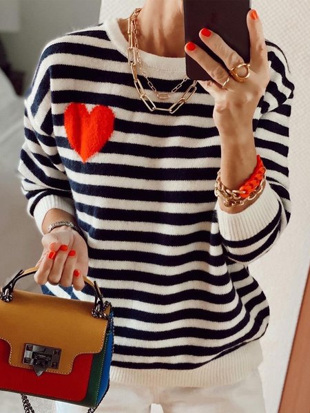 

Striped Love Long Sleeves Crew Neck Plus Size Casual Sweaters, As picture, Knitwear & Sweaters
