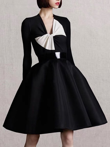 

Lady Solid Asymmetrical Neck Long Sleeve Suit, Black, Midi Dresses