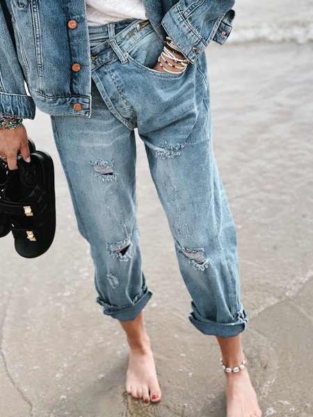 

Casual Solid Denim Pocket Loosen Pants, Blue, Jeans