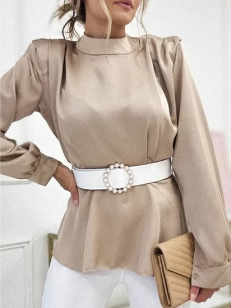 

Elegant Satin Daily Stand Collar Long Sleeve Top, Khaki, Tops