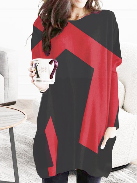 

Vacation Geometric Crew Neck Dresses, Crimson, Casual Dresses