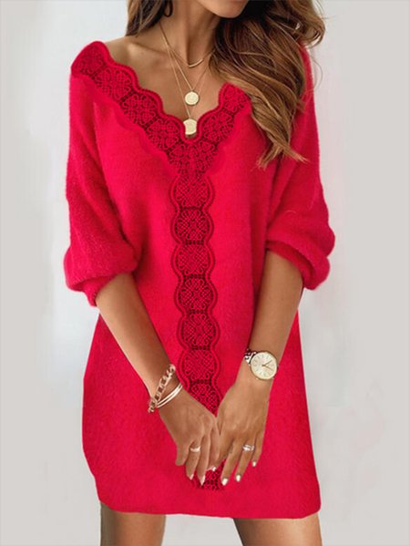 

Lace Long Sleeve V Neck Dresses, Red, Mini Dresses