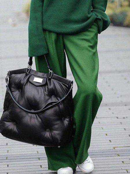 

Pockets Plain Long Pants, Green, Pants