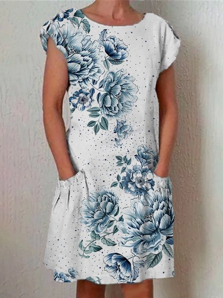 

Vacation Crew Neck Floral Dresses, White, Floral Dresses