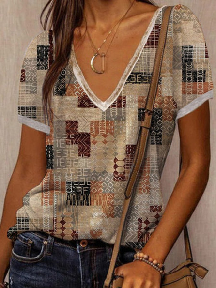 Women Casual V Neck Geometric Shirts & Tops, Multicolor, Tops