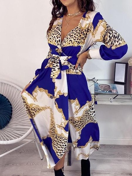 

V-neck leopard print waist tie A dress, Multicolor, Formal Dresses