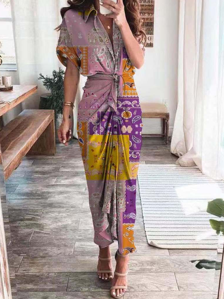

Summer new fashion printed shirt dress, Purple, Maxi Dresses