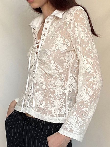 

Long sleeve Daily Solid Regular Fit Lace Top, White, Blouses and Shirts