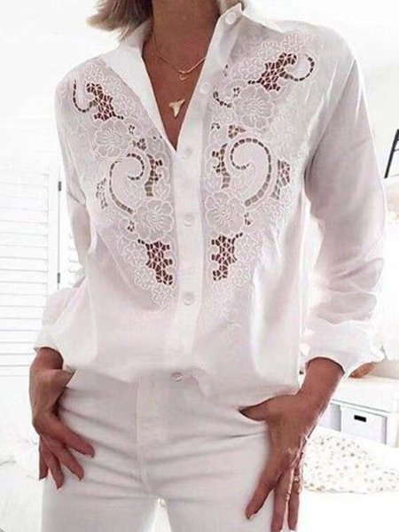 

Floral Simple Shirt Collar Long Sleeve Top, White, Blouses and Shirts
