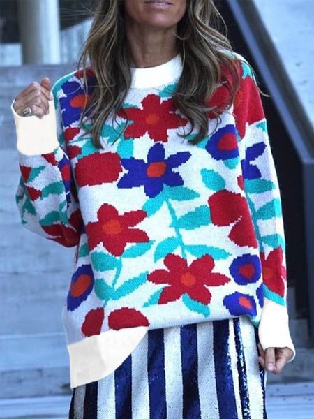 

Floral Printed Long Sleeves Crew Neck Plus Size Casual Sweatshirts, Multicolor, Hoodies & Sweatshirts