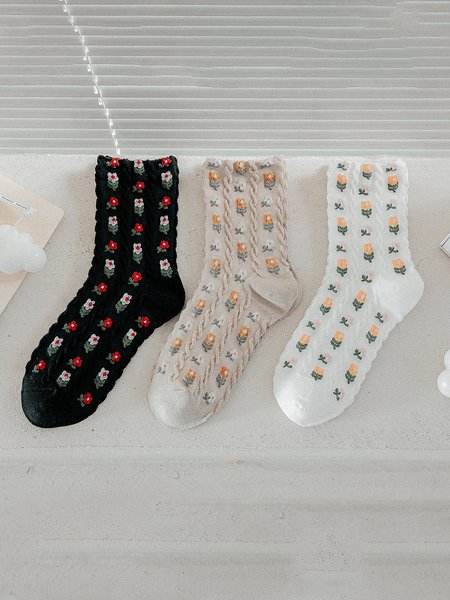 

3 Pairs Set Vintage Embroidered Flower Socks, As picture, Socks
