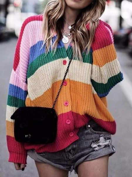 

Casual V Neck Striped Long sleeve Outerwear, Multicolor, Cardigans