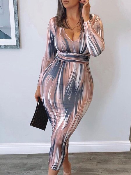 Long sleeve Daily U-Neck Printed Sexy Dress, Multicolor, Maxi Dresses