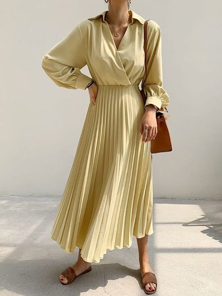 

Elegant Long Sleeve Solid A-line Pleated Dress, Yellow, Midi Dresses