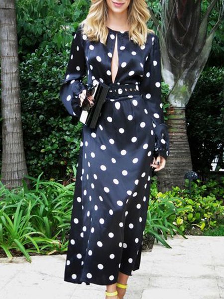 

Holiday Regular Fit Polka Dots Elegant Dress, Black, Maxi Dresses