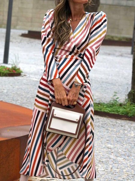 

Long Sleeve Multicolor striped V Neck Plus Size Casual Dresses, Maxi Dresses