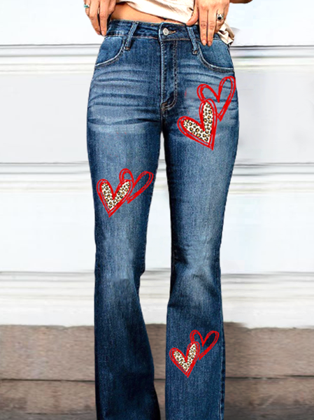 

Red Love Leopard Print Valentine's Day Blue Denim Flared Trousers Regular Fit Leopard Pants, Pants