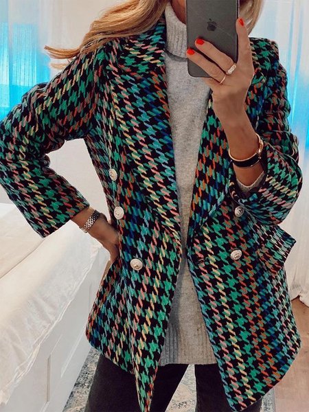 

Long Sleeve Houndstooth Plus Size Casual Plaid Outwear, Multicolor, Coats & Jackets