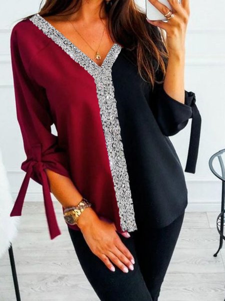 

Color Block Sequins V Neck Casual Long Sleeve Loosen Tops, Black-red, Tops