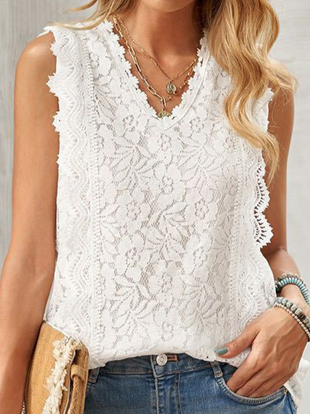 

Plain Lace Loosen Tanks & Camis, White, Tank Top