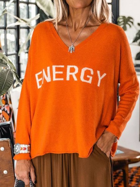 

Long Sleeve Letter Casual Shirts & Tops, Orange, Tops